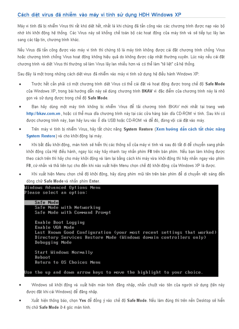 Cách diệt virus đã nhiễm vào máy vi tính sử dụng HĐH Windows XP