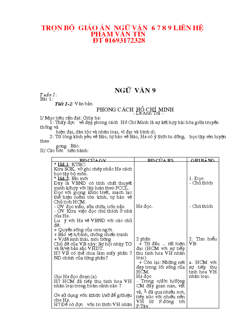 Giáo án ngữ văn 9 cả năm 3 cột 2010 2011