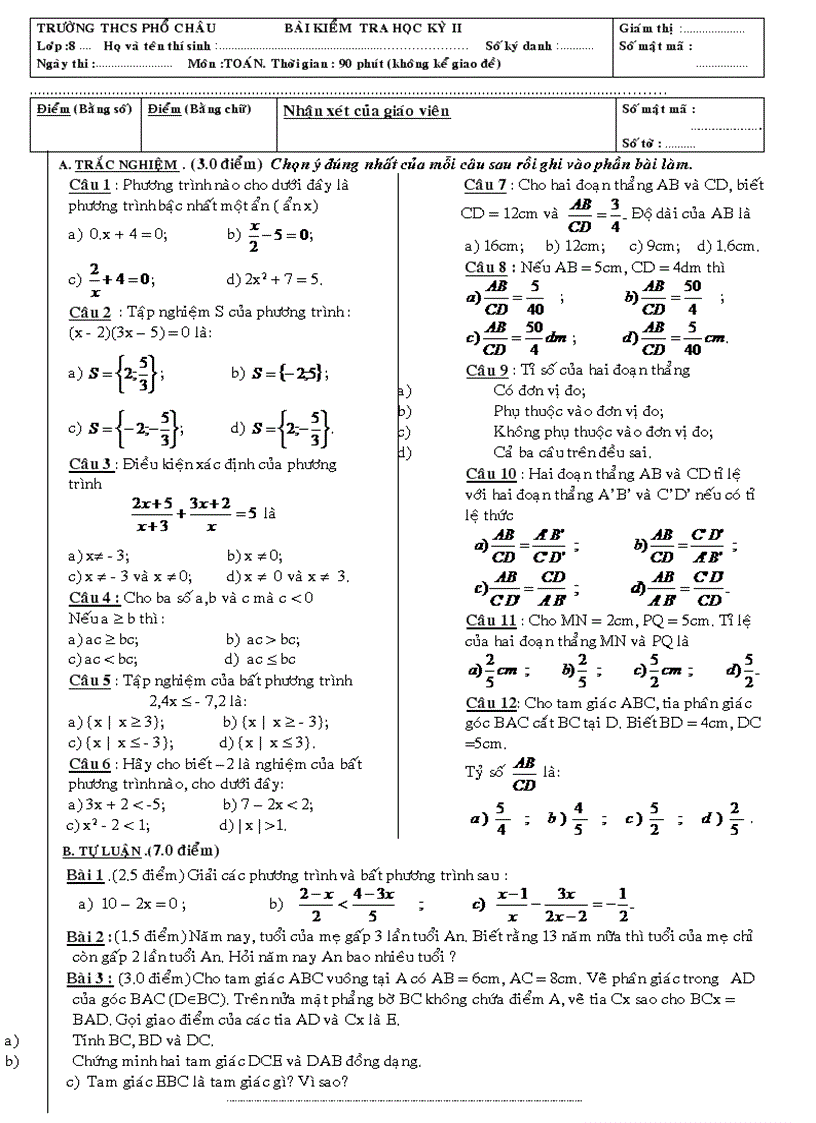 Đề HK 2 Toán 8