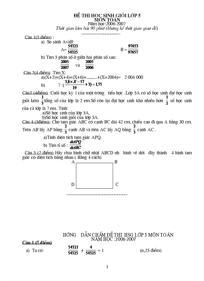 Đề và đáp án thi HSG lớp 4 5