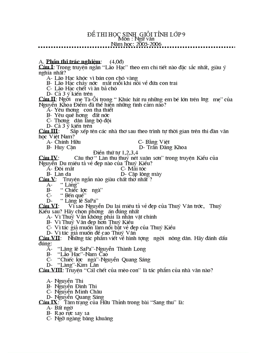 Đề thi học sinh giỏi Ngữ văn 9 Cấp tỉnh