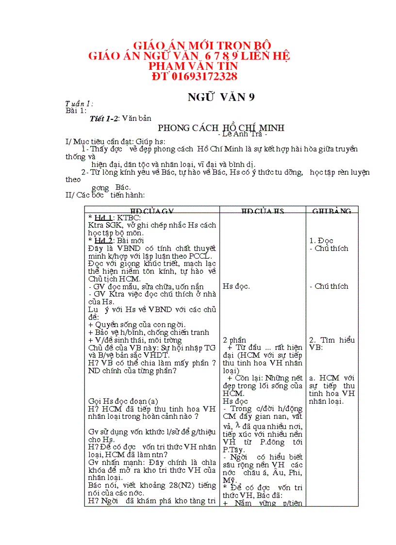 Giáo án ngữ văn 9 cả năm 3 cột hà giang 2010