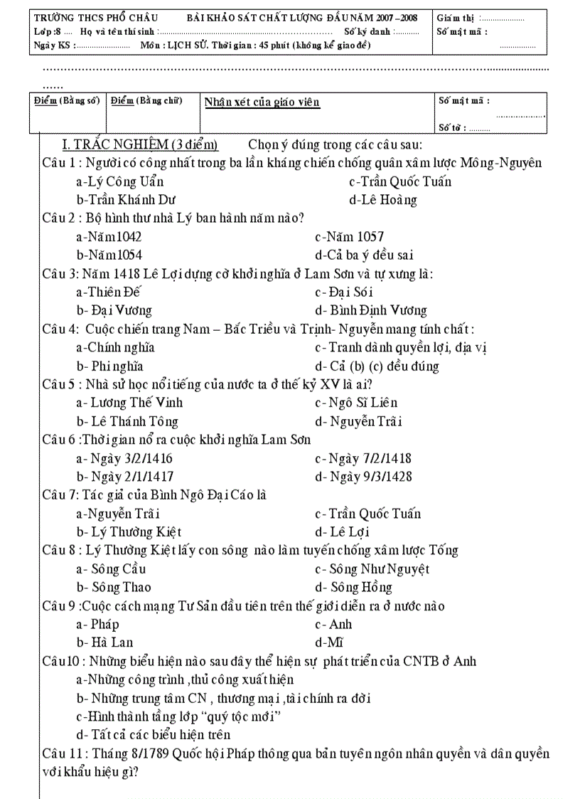 Đề KSCL Sử 8