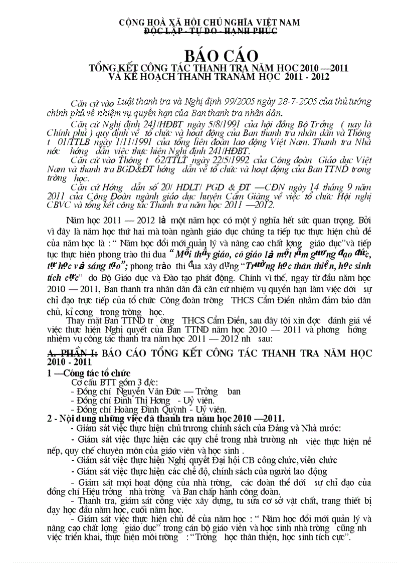 Báo cáo tổng kết công tác thanh tra năm 2010 2011