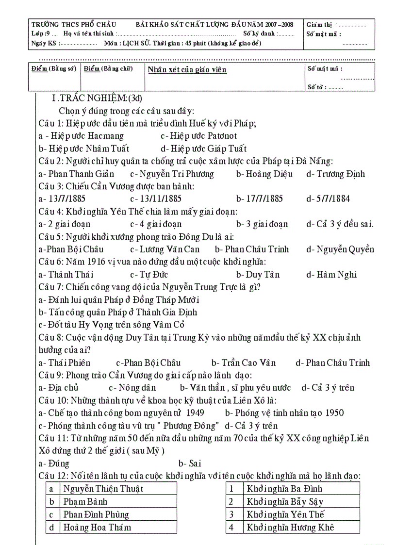 Đề KSCL Sử 9