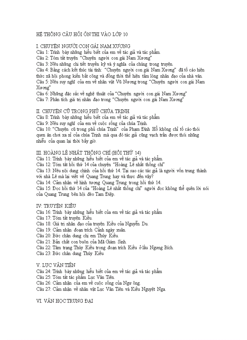 Hệ thống câu hỏi ôn thi vào lớp 10 môn văn