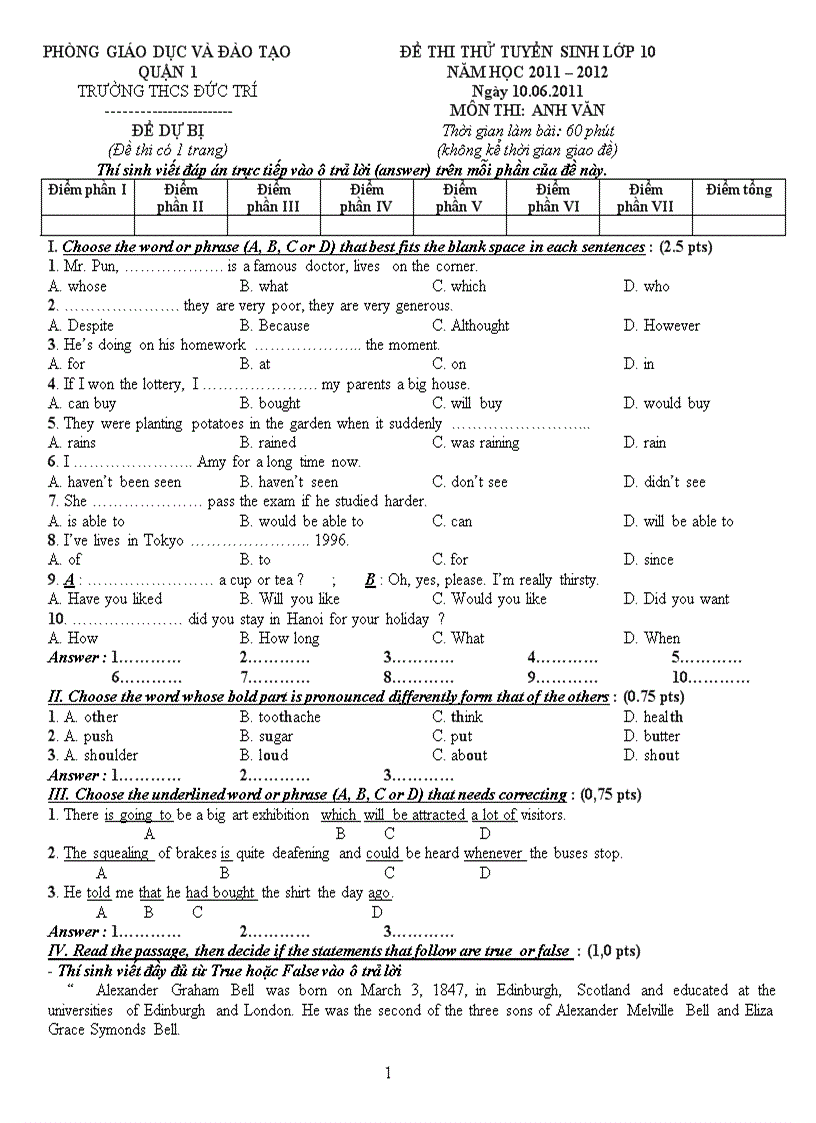 Đề thi thử tuyển sinh 10