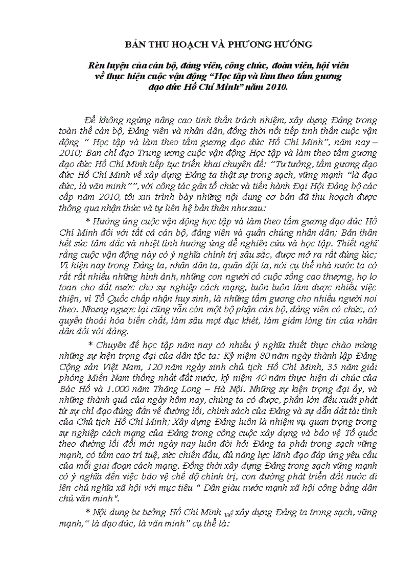 Bản thu hoạch học tập và làm theo tấm gương đạo đức Hồ Chí Minh 1