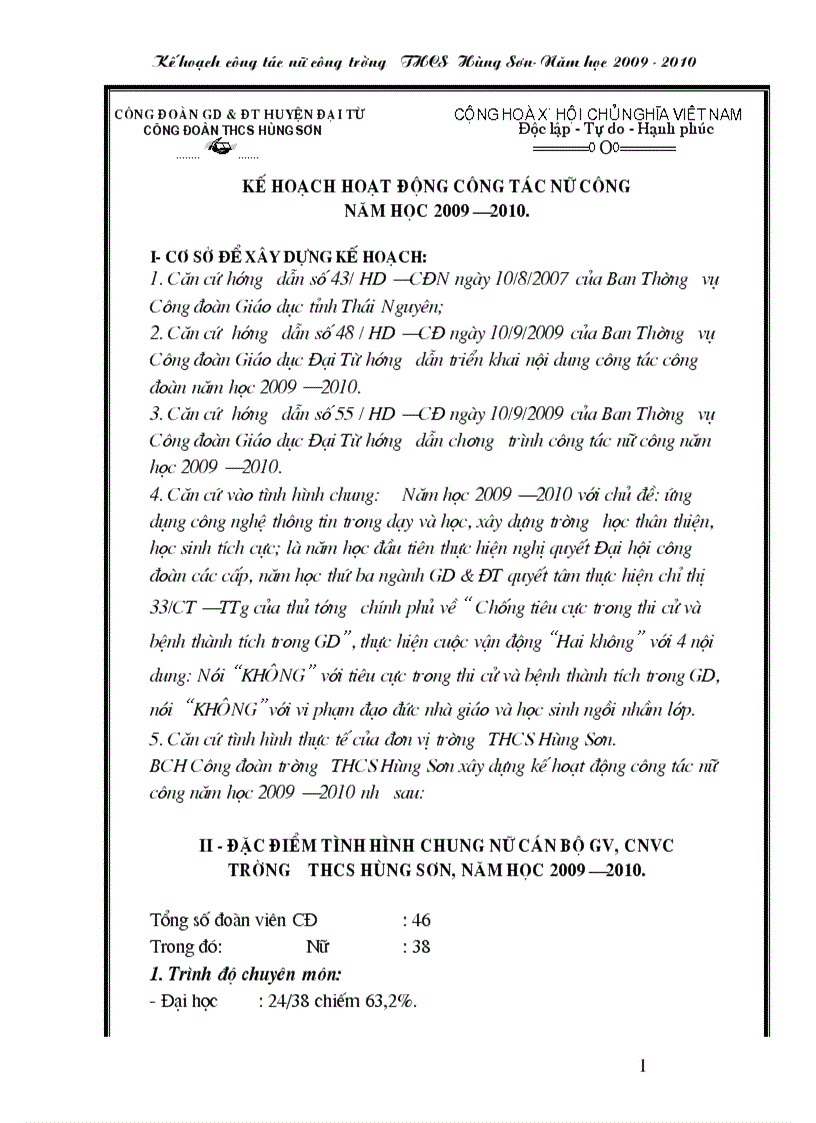 Kế hoạch hoạt động của ban nữ công