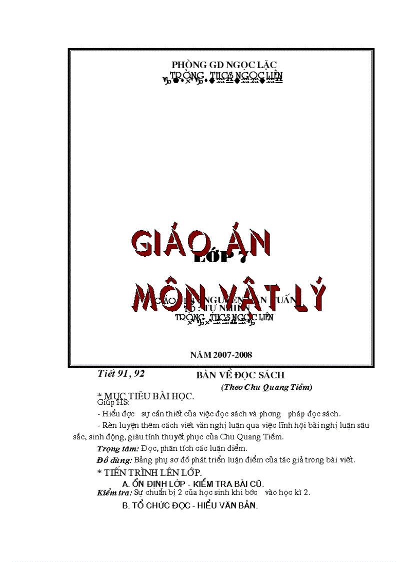 Thiết kế giáo án Ngữ Văn9 Toàn tập