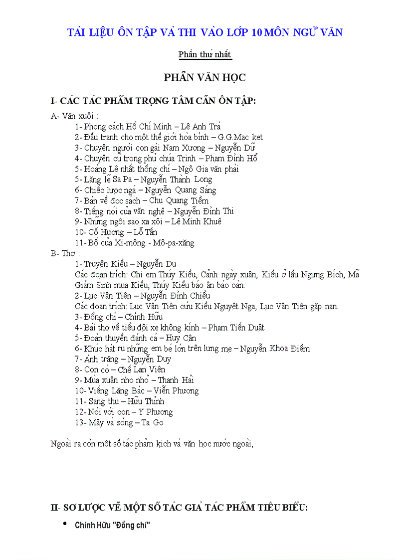 Tài liệu ôn thi vào lớp 10 Môn Văn
