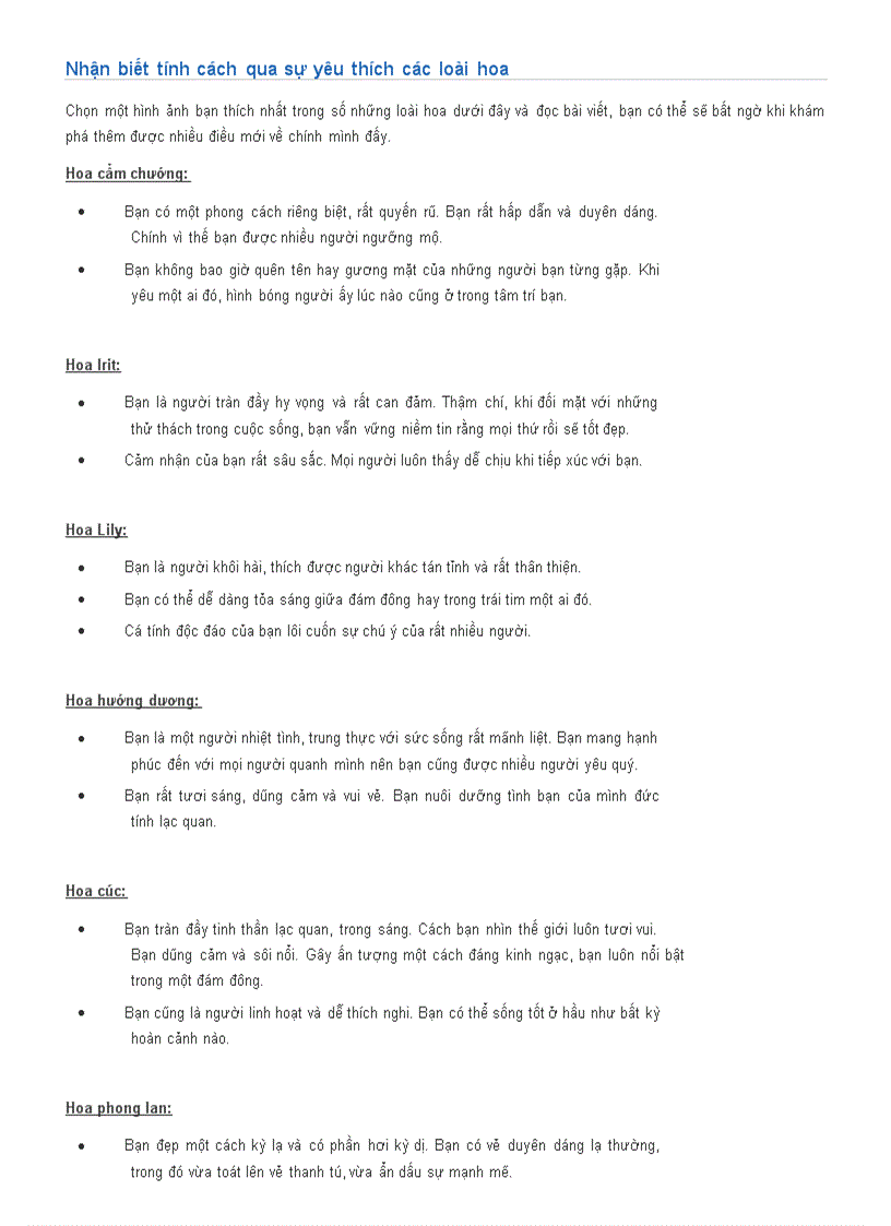 Nhận biết tính cách qua sự yêu thích các loài hoa