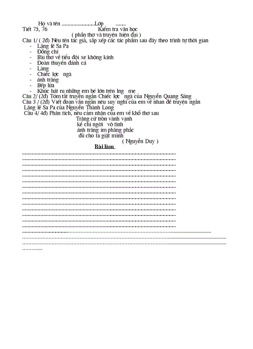 Kiểm tra văn 9 tiêt 75 76
