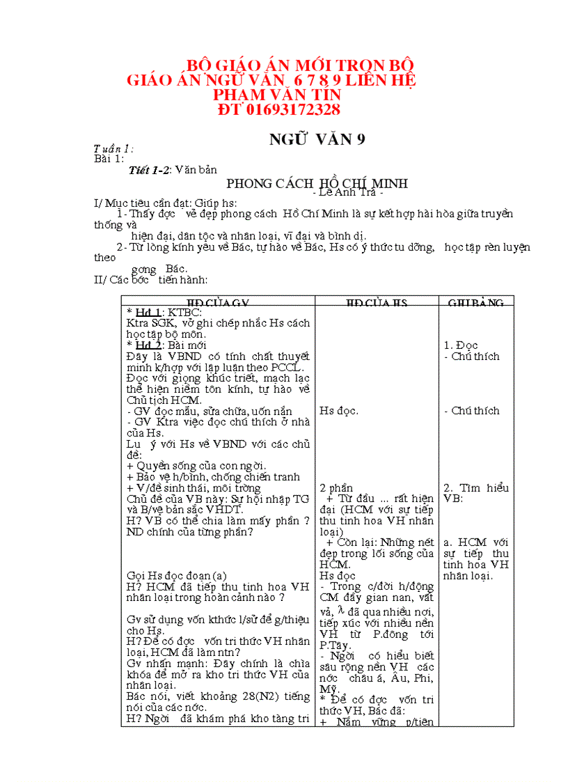 Ngữ văn 9 cả năm 3 cột mới nhất năm 2010 2011