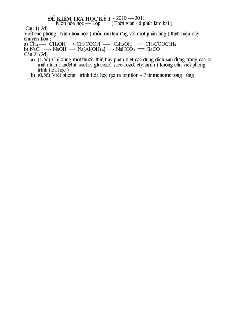 Kiểm tra hóa hoc kỳ I lơp11
