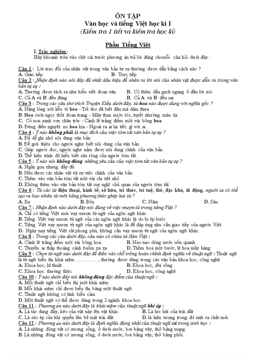 Ôn tập Văn học và Tiếng Việt học ky I