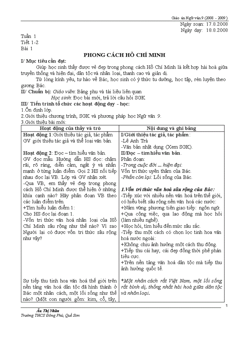 V9 Giáo án Ngữ văn 9 tập 1 60 trang