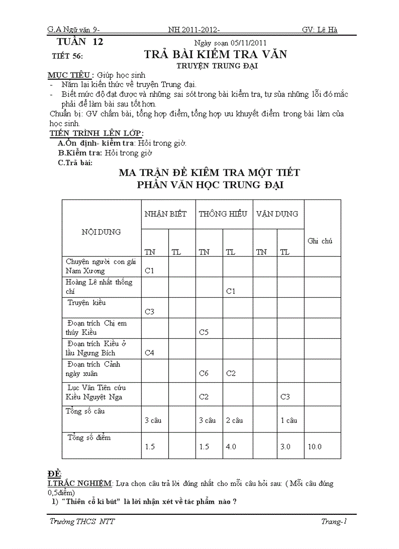 Ngữ văn 9 Tuần 12 chuẩn KTKN