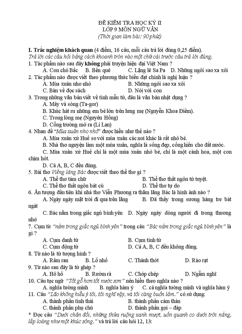 Tập đề đáp án kiểm tra HKII văn 9