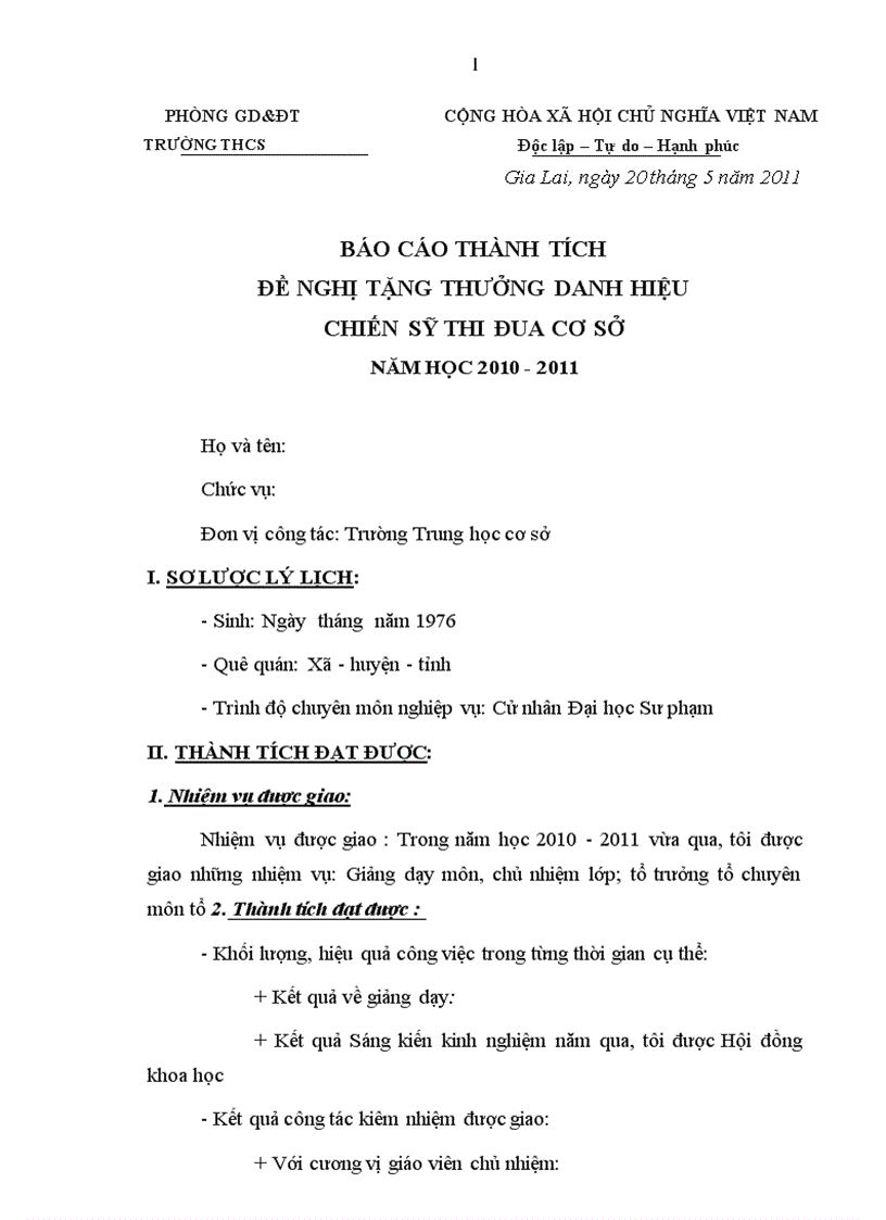 Mẫu báo cáo thành tích năm học 2010 2011