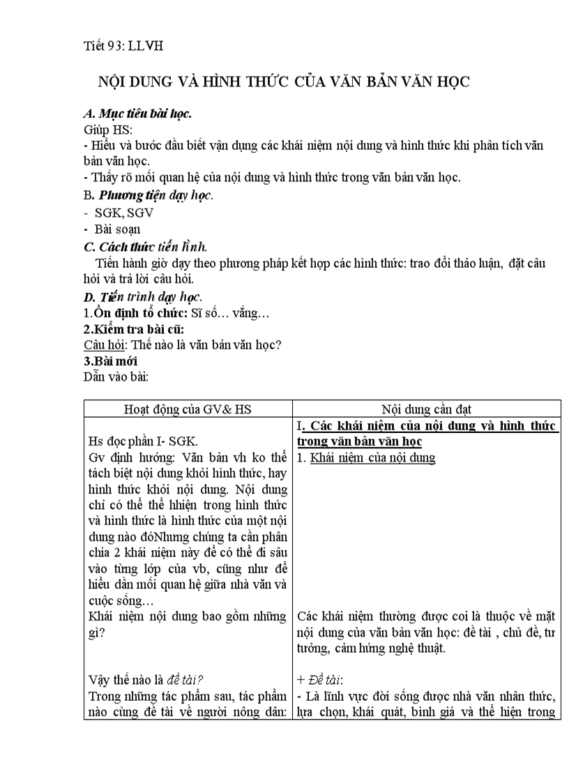 Tiết 93 Nội dung và hình thức của văn bản văn học