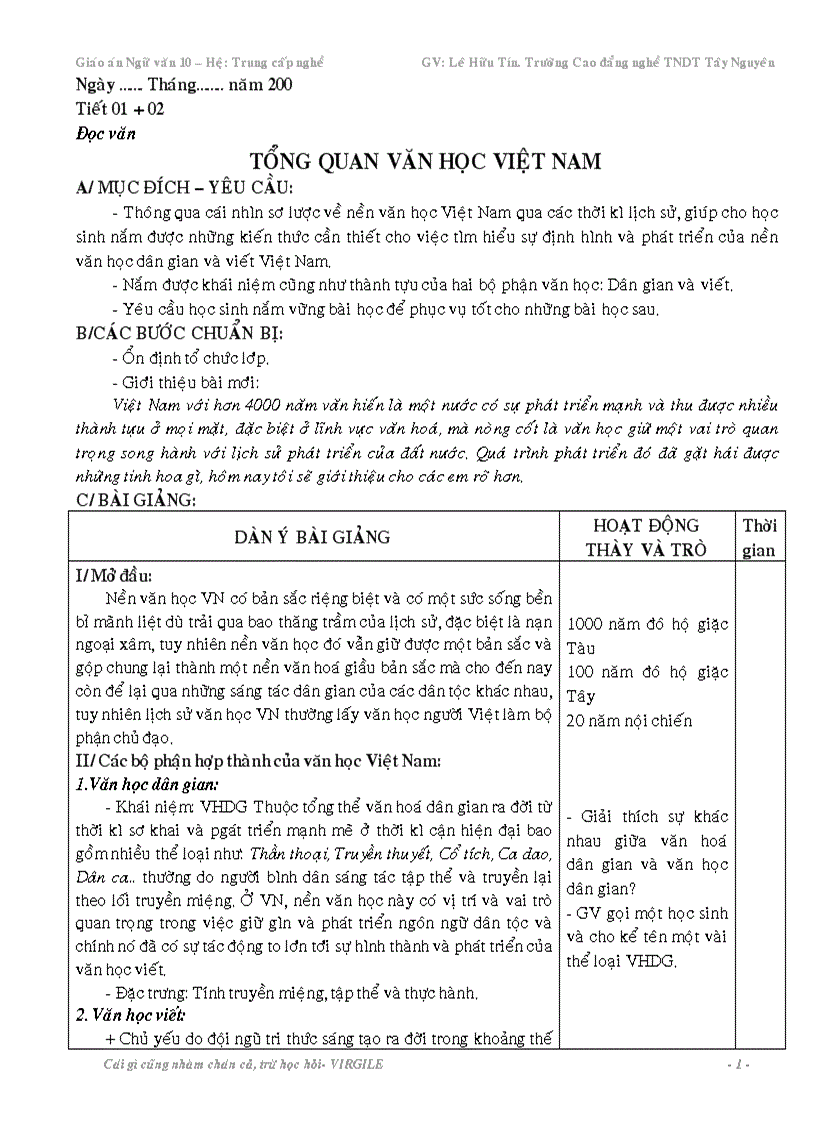 Giáo án ngữ văn 10 mới