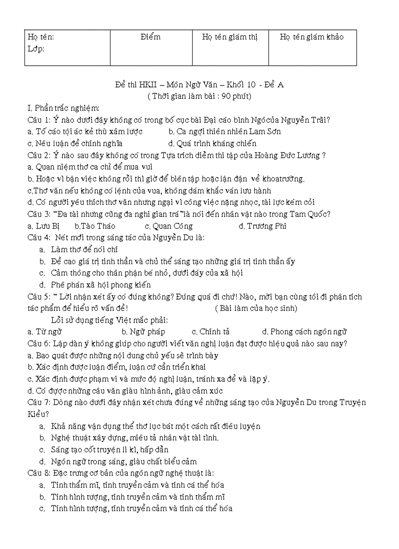 Đề thi NV 10