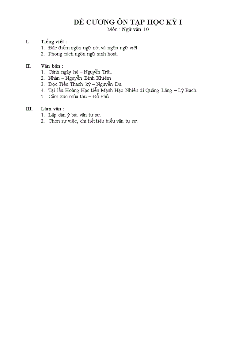Đề cương Đề thi Ngữ văn HK1 k10