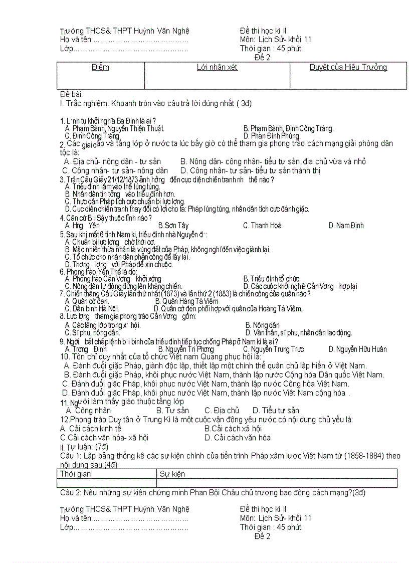 Đề thi sử 11 kì II