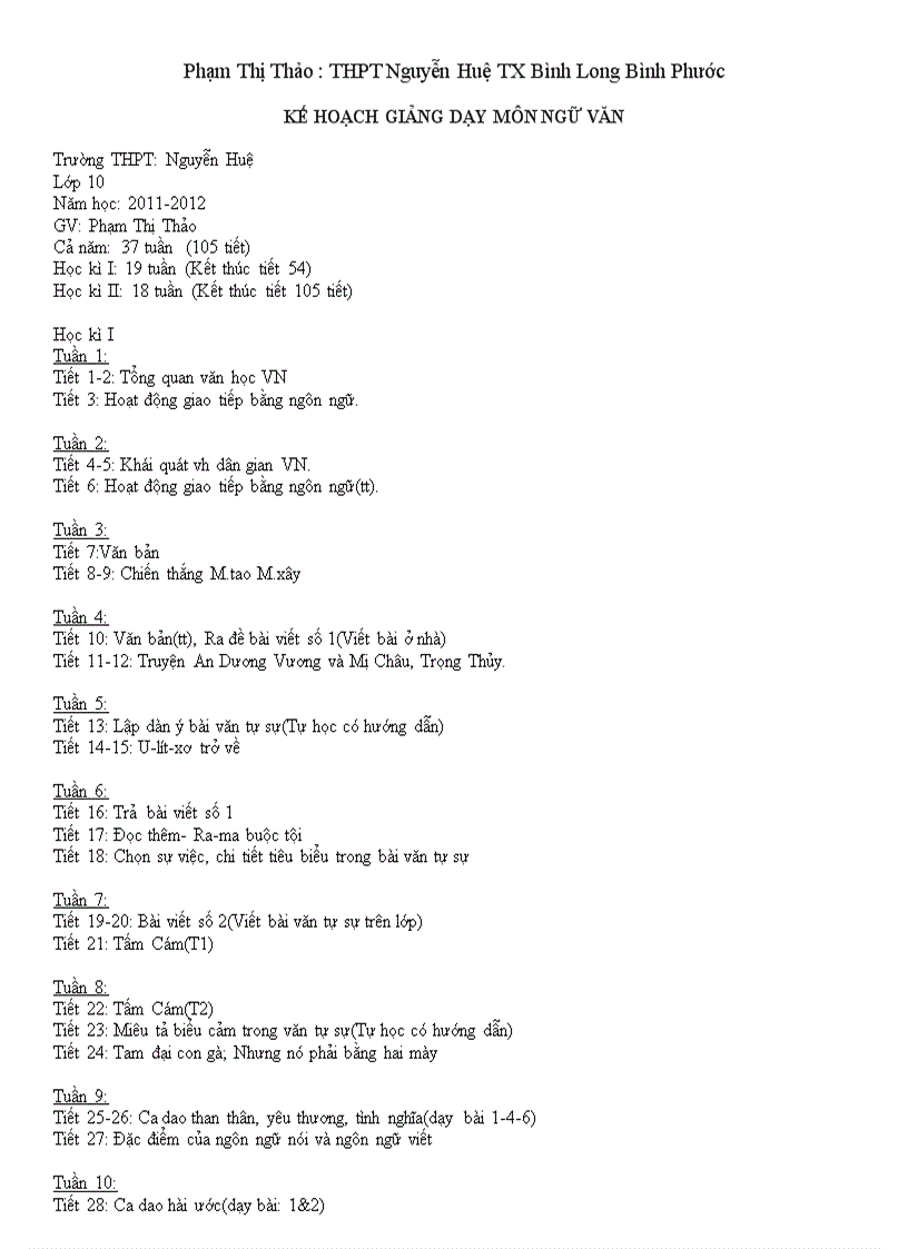 Kế hoạch giảng dạy môn ngữ văn
