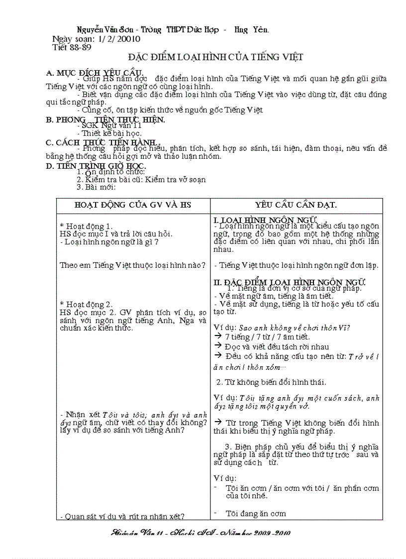 Đặc điểm loại hình tiếng Việt văn 11