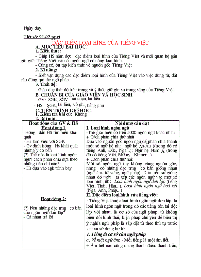 Tiết 91 92 Đặc điểm loại hình của tiếng Việt