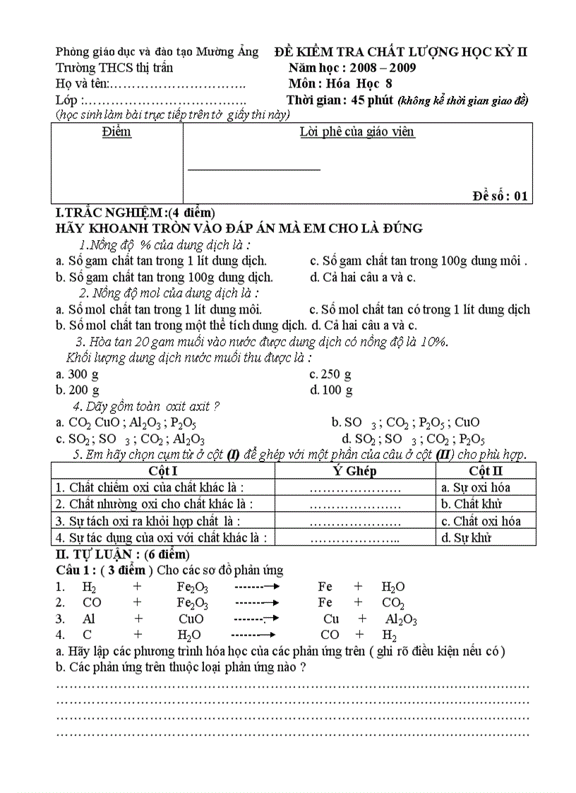 Đề kt hk ii hóa 8