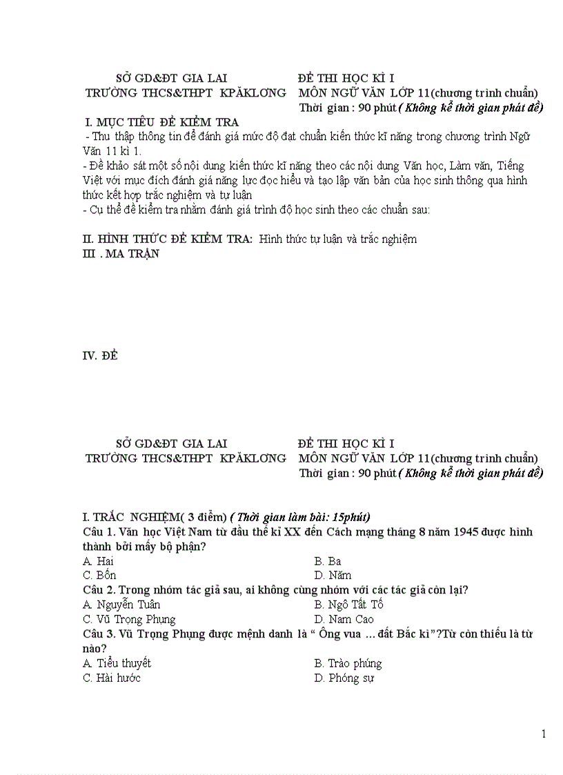 Đề thi học kì i ngữ văn 11 ctc