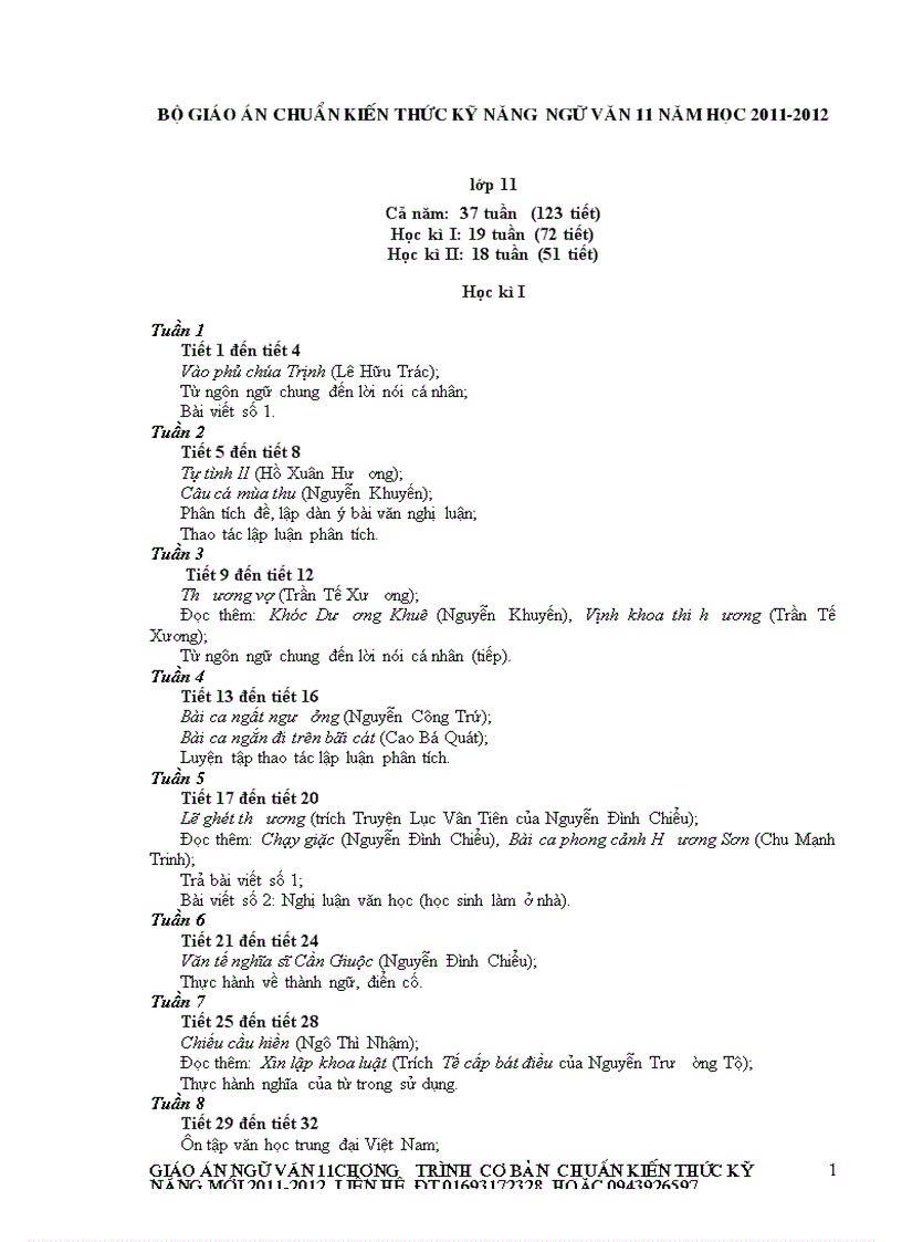Giáo án Ngữ văn 11 cả năm học 2011 2012