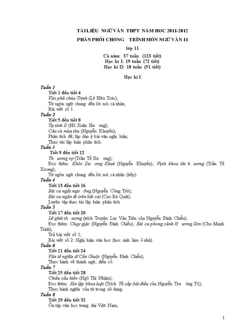 Giáo án ngữ văn 11 cả năm chuẩn mới năm học 2011 2012
