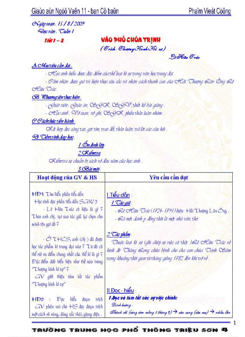 Giáo án Ngữ Văn 11 đầu tư chất lượng