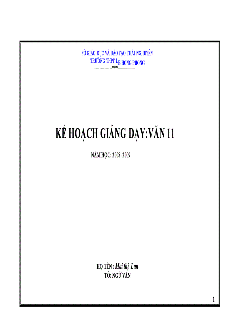 Kế hoach giảng dạy Văn 11 Ban cơ bản