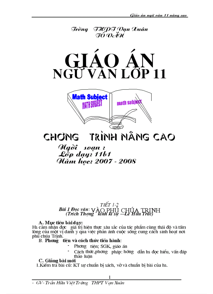 Giáo án kì I Nâng cao lớp 11