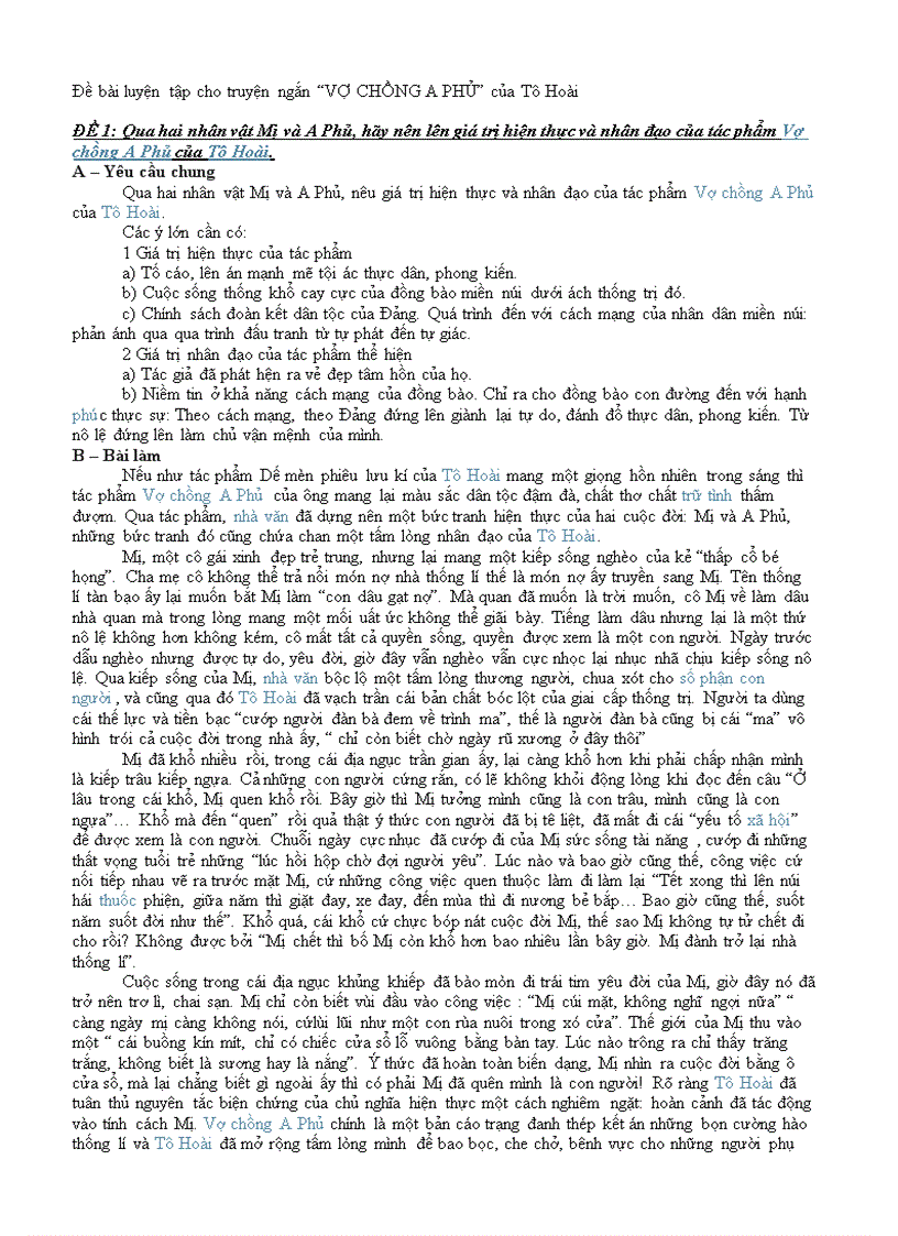 Các đề luyện tập cho truyện ngắn Vợ chồng A Phủ