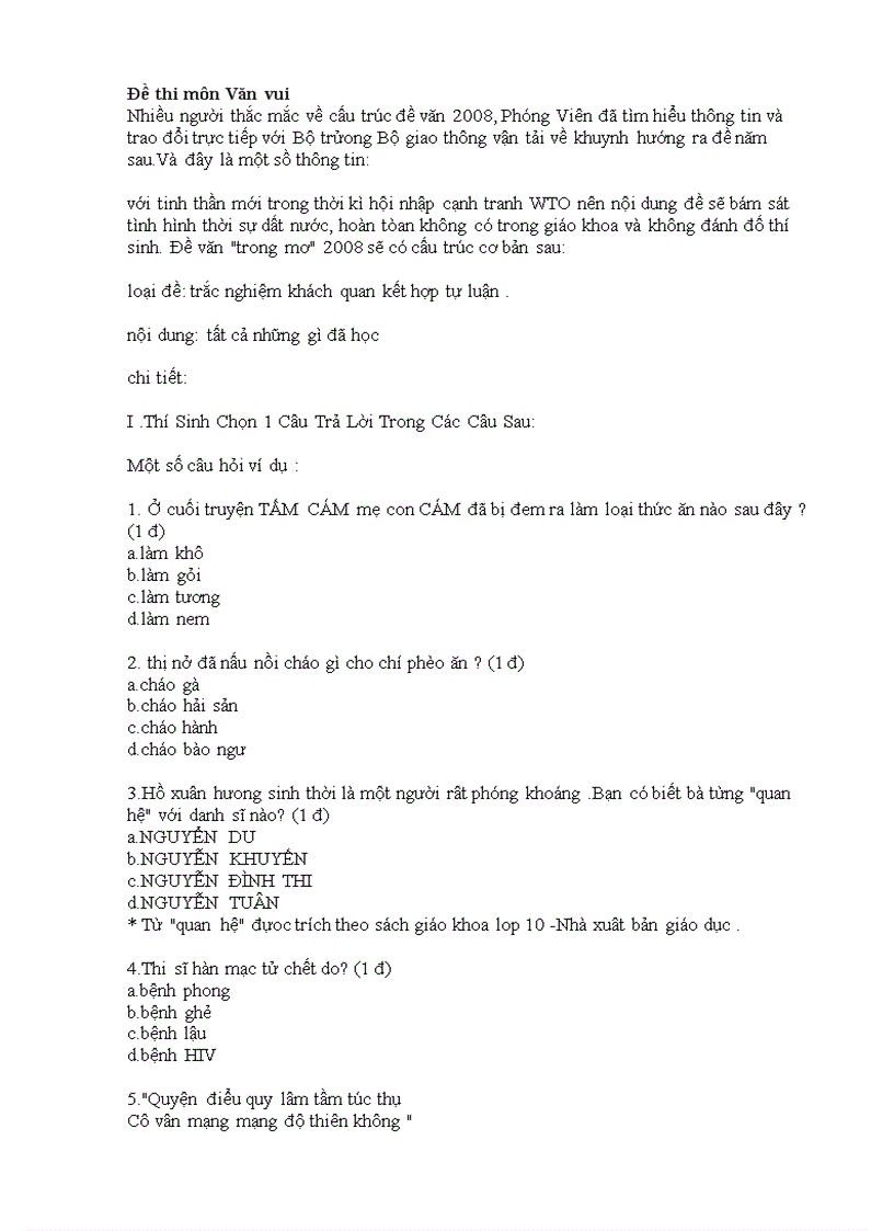 Đề thi trắc nghiệm môn Văn vào đại học 2008