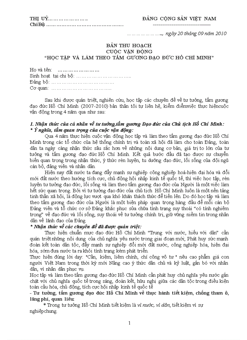 Bản thu hoạch 4 năm thực hiện cuộc vận động học tập và làm theo tấm gương đạo đức Hồ Chí Minh
