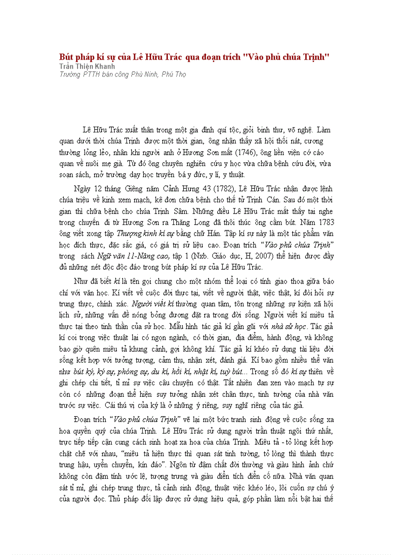 Bút pháp kí sự của lê hữu trác qua đoạn trích thượng koinh kí sự