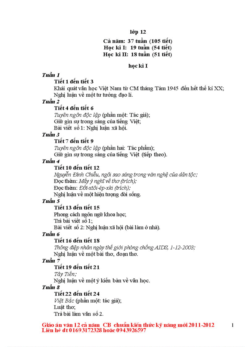 Giáo án Văn 12 cả năm chuẩn kiến thức mới 2011 2012