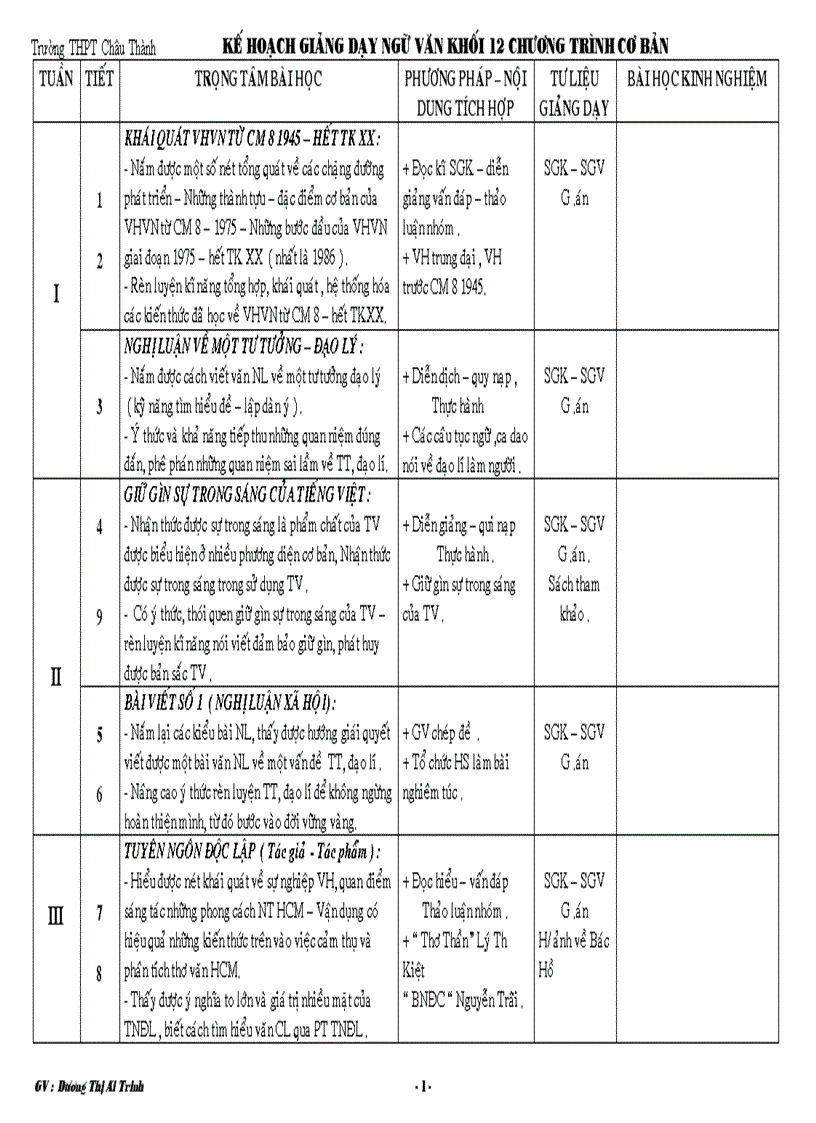 Sổ kế hoạch bộ môn ngữ văn 12 cb