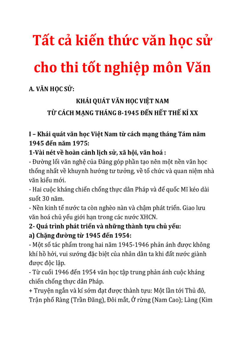 Kiến thức văn học sử ôn thi môn văn tnthpt