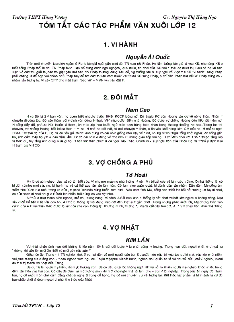 Tóm tắt các tác phẩm văn xuôi lớp 12