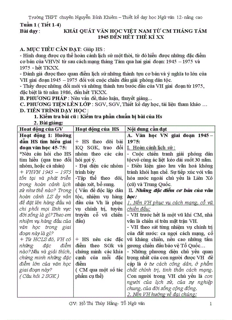 Giáo án ngữ văn 12 nâng cao HK I trọn bộ