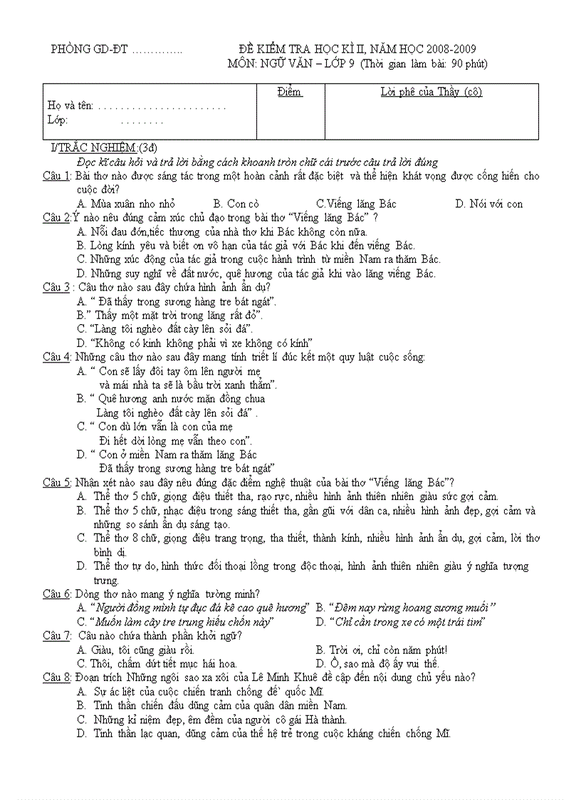 Đề thi ngữ văn 9 học kỳ 2