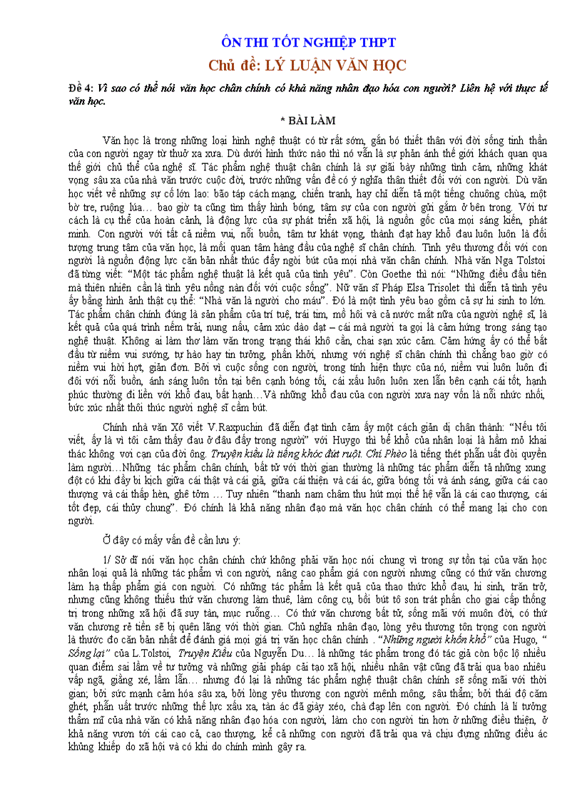 Ôn thi TN Đề 4 Lý luận văn học